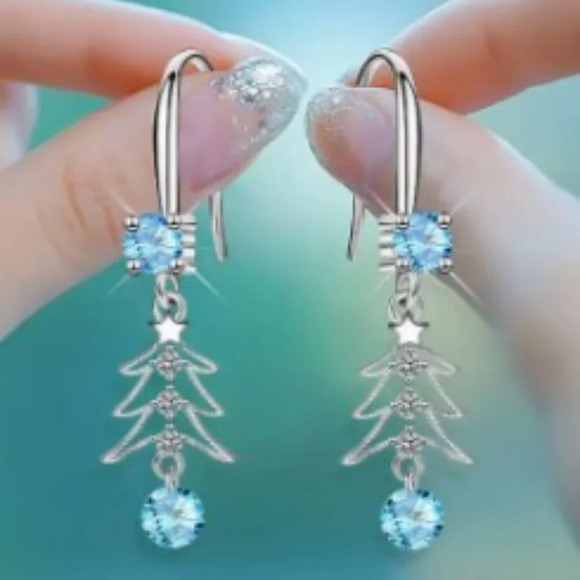 2 pairs! Christmas Tree Dangle Earrings - Synthetic Cubic Zirconia, Copper Mater - Picture 2 of 4